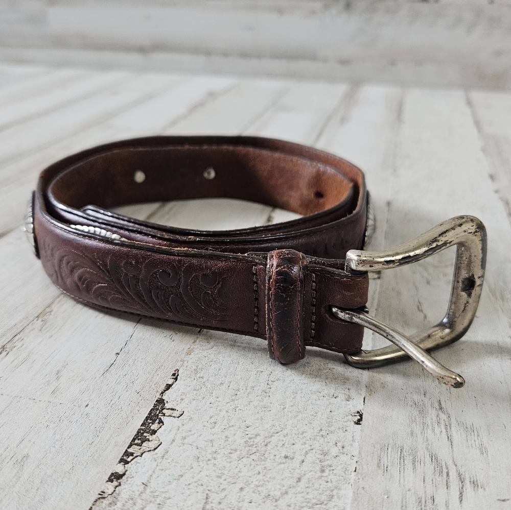 Brown Leather Western Rodeo Country Cowgirl Silver Accent Belt